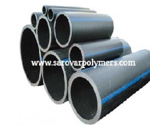 Coiled black HDPE pipes with blue stripes, shown on Sarovar Polymers' product page