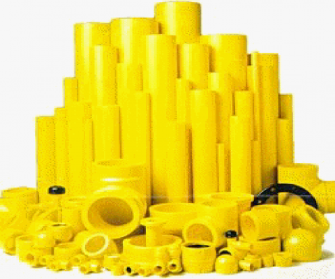 Yellow MDPE pipe components shown on the company's product page