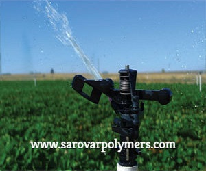 Sprinkler irrigation operating over a cultivated field, from Sarovar Polymers' product page